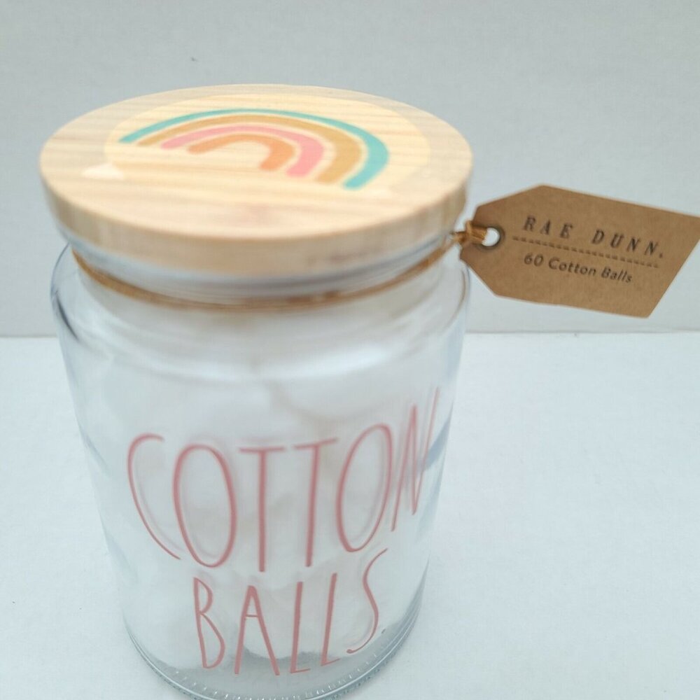 Rae Dunn Glass Jar/Canister Rainbow Lid Cotton Balls With 60 Cotton Balls NEW - Picture 3 of 3